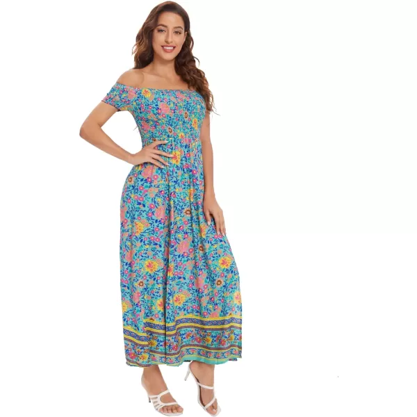 Floerns Womens Boho Floral Print Off Shoulder Split Long A Line DressBlue Yellow Floral