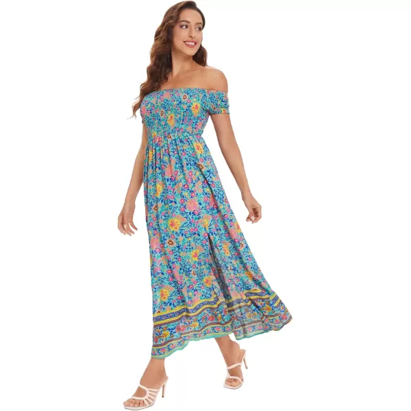 Floerns Womens Boho Floral Print Off Shoulder Split Long A Line DressBlue Yellow Floral