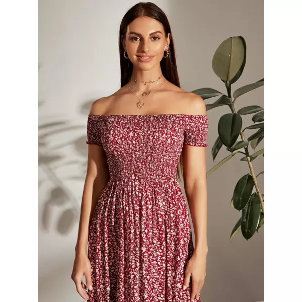 Floerns Womens Boho Floral Print Off Shoulder Split Long A Line DressBurgundy Red Floral
