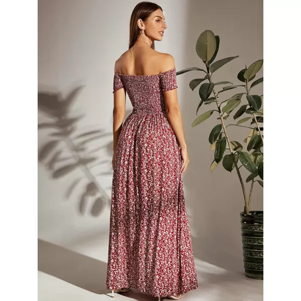 Floerns Womens Boho Floral Print Off Shoulder Split Long A Line DressBurgundy Red Floral