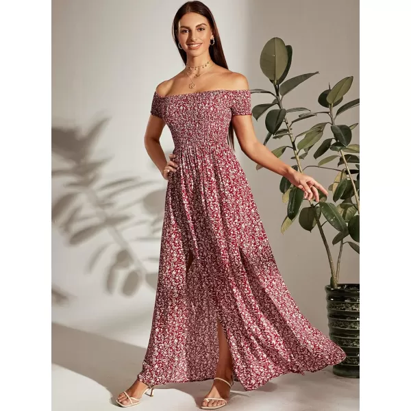 Floerns Womens Boho Floral Print Off Shoulder Split Long A Line DressBurgundy Red Floral