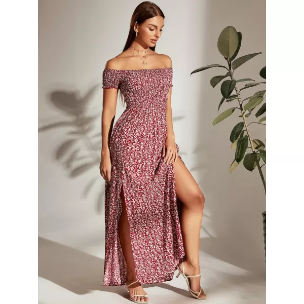 Floerns Womens Boho Floral Print Off Shoulder Split Long A Line DressBurgundy Red Floral