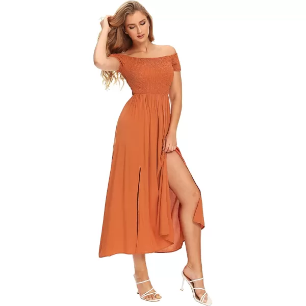 Floerns Womens Boho Floral Print Off Shoulder Split Long A Line DressBurnt Orange