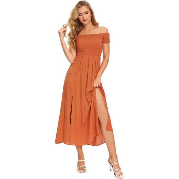 Floerns Womens Boho Floral Print Off Shoulder Split Long A Line DressBurnt Orange