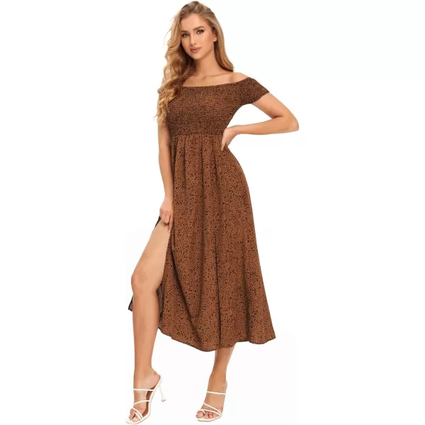 Floerns Womens Boho Floral Print Off Shoulder Split Long A Line DressDark Coffee