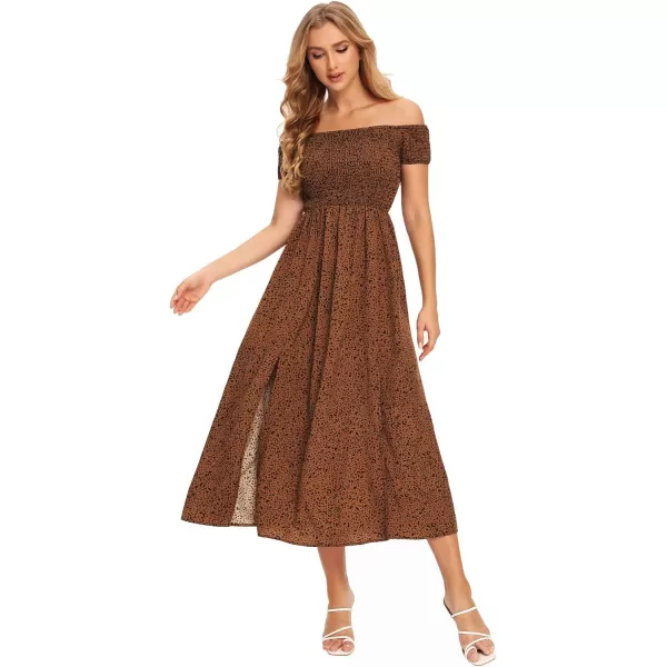 Floerns Womens Boho Floral Print Off Shoulder Split Long A Line DressDark Coffee