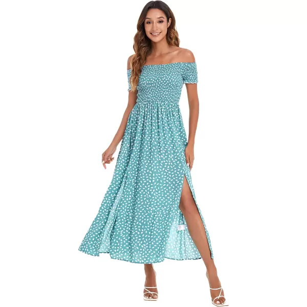 Floerns Womens Boho Floral Print Off Shoulder Split Long A Line DressGreen Dots
