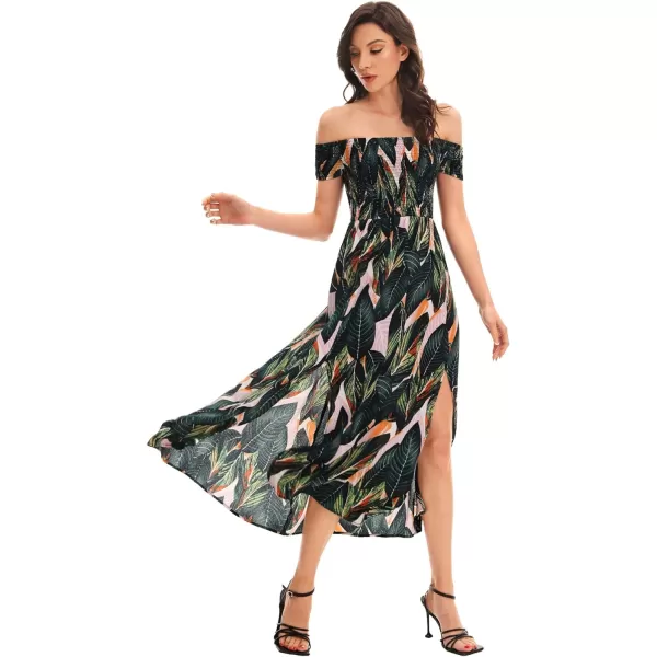 Floerns Womens Boho Floral Print Off Shoulder Split Long A Line DressGreen Leaf