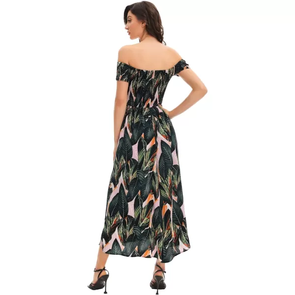 Floerns Womens Boho Floral Print Off Shoulder Split Long A Line DressGreen Leaf