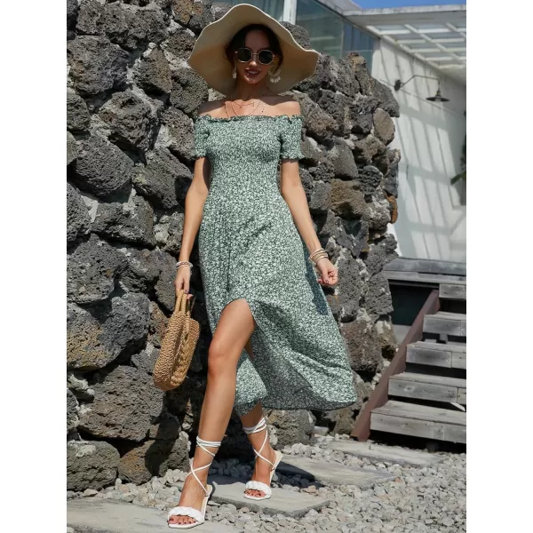 Floerns Womens Boho Floral Print Off Shoulder Split Long A Line DressGreen Multi
