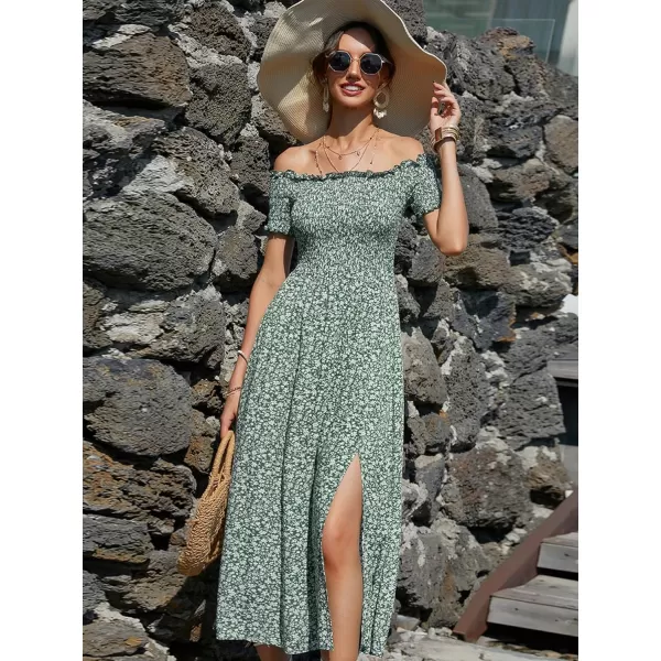 Floerns Womens Boho Floral Print Off Shoulder Split Long A Line DressGreen Multi
