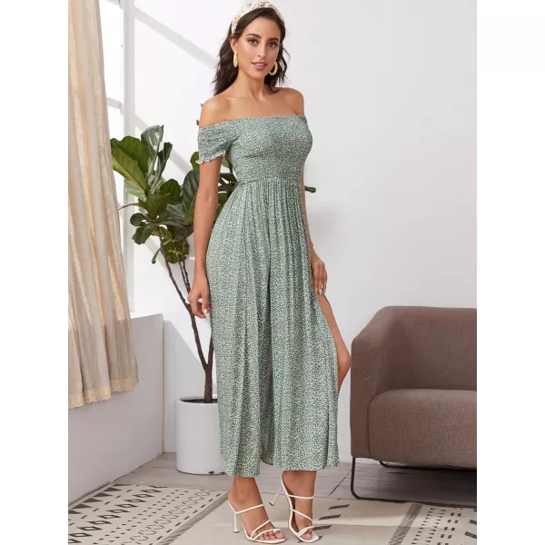 Floerns Womens Boho Floral Print Off Shoulder Split Long A Line DressGreenWhite