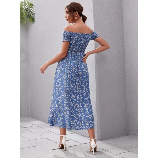 Floerns Womens Boho Floral Print Off Shoulder Split Long A Line DressLight Blue