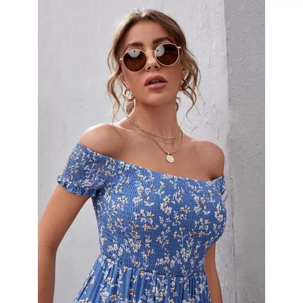 Floerns Womens Boho Floral Print Off Shoulder Split Long A Line DressLight Blue