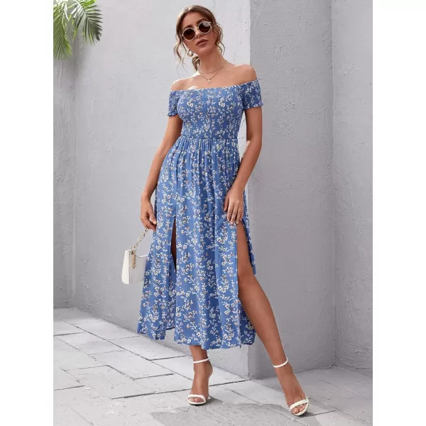 Floerns Womens Boho Floral Print Off Shoulder Split Long A Line DressLight Blue