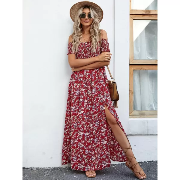 Floerns Womens Boho Floral Print Off Shoulder Split Long A Line DressMaroon Flower