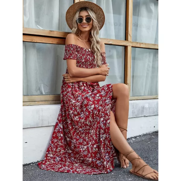 Floerns Womens Boho Floral Print Off Shoulder Split Long A Line DressMaroon Flower