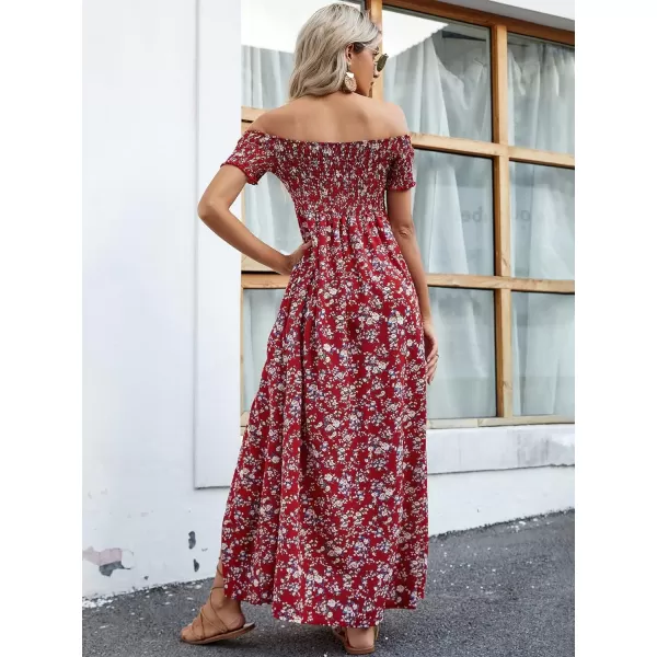 Floerns Womens Boho Floral Print Off Shoulder Split Long A Line DressMaroon Flower