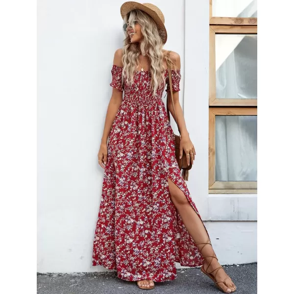 Floerns Womens Boho Floral Print Off Shoulder Split Long A Line DressMaroon Flower