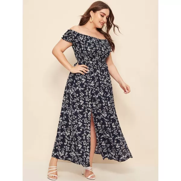 Floerns Womens Boho Floral Print Off Shoulder Split Long A Line DressNavy Plus