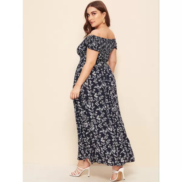 Floerns Womens Boho Floral Print Off Shoulder Split Long A Line DressNavy Plus