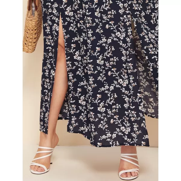 Floerns Womens Boho Floral Print Off Shoulder Split Long A Line DressNavy Plus