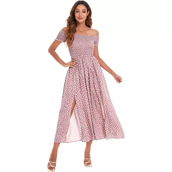 Floerns Womens Boho Floral Print Off Shoulder Split Long A Line DressPink