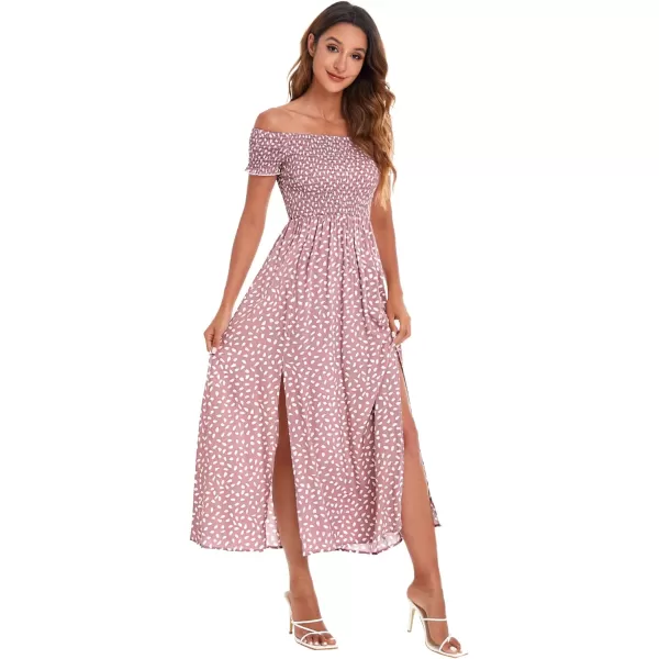 Floerns Womens Boho Floral Print Off Shoulder Split Long A Line DressPink