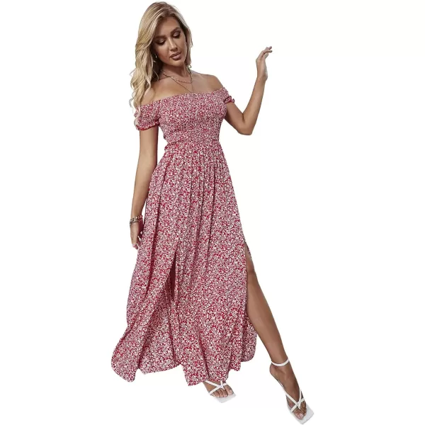 Floerns Womens Boho Floral Print Off Shoulder Split Long A Line DressRed