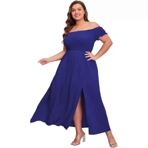 Floerns Womens Boho Floral Print Off Shoulder Split Long A Line DressSolid Dark Blue Plus