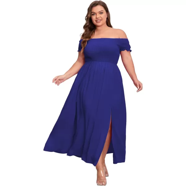 Floerns Womens Boho Floral Print Off Shoulder Split Long A Line DressSolid Dark Blue Plus