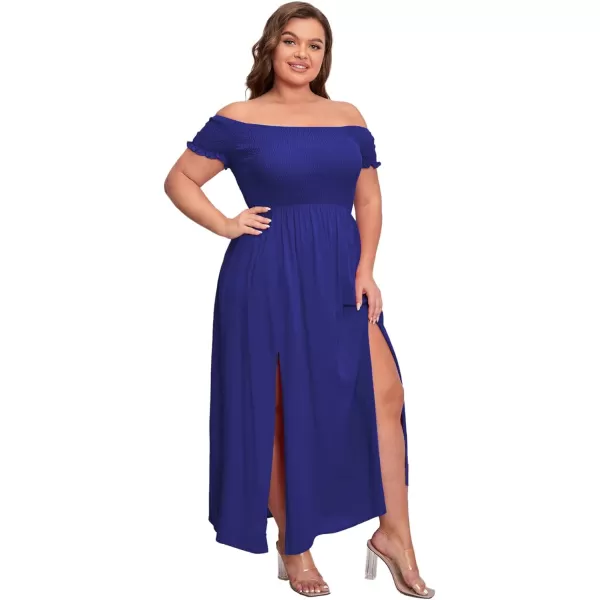 Floerns Womens Boho Floral Print Off Shoulder Split Long A Line DressSolid Dark Blue Plus