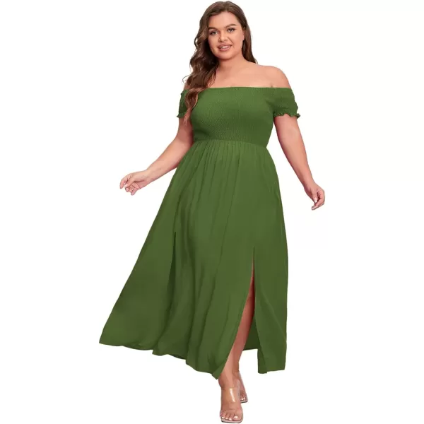 Floerns Womens Boho Floral Print Off Shoulder Split Long A Line DressSolid Dark Green Plus