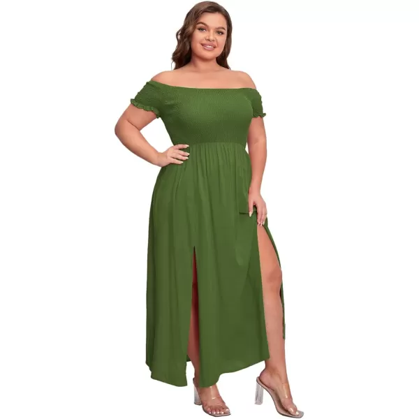 Floerns Womens Boho Floral Print Off Shoulder Split Long A Line DressSolid Dark Green Plus