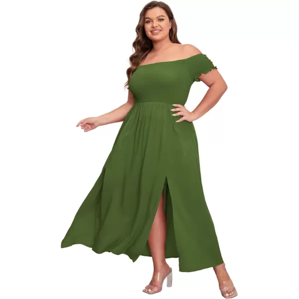 Floerns Womens Boho Floral Print Off Shoulder Split Long A Line DressSolid Dark Green Plus