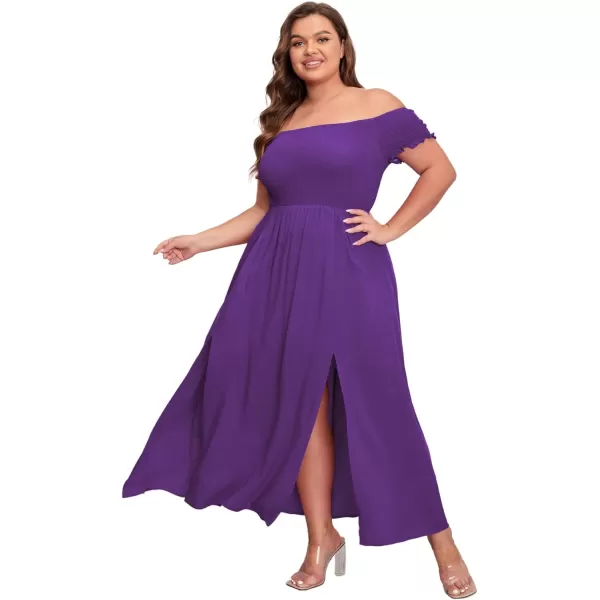 Floerns Womens Boho Floral Print Off Shoulder Split Long A Line DressSolid Purple Plus