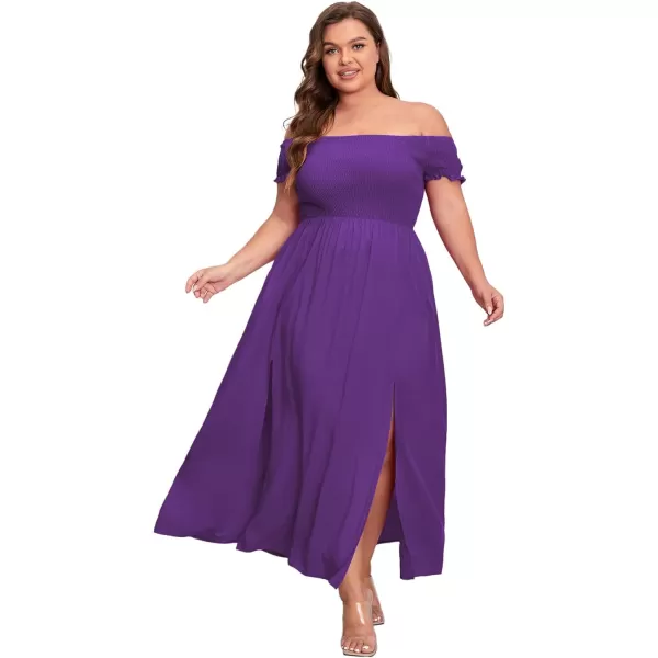 Floerns Womens Boho Floral Print Off Shoulder Split Long A Line DressSolid Purple Plus