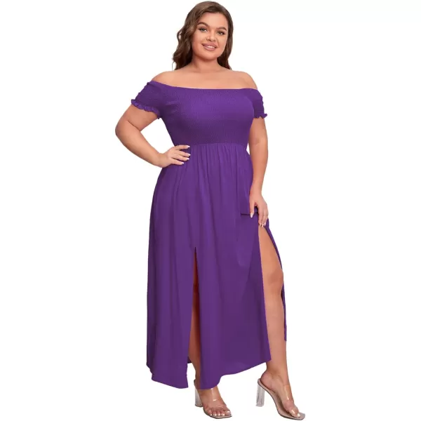 Floerns Womens Boho Floral Print Off Shoulder Split Long A Line DressSolid Purple Plus