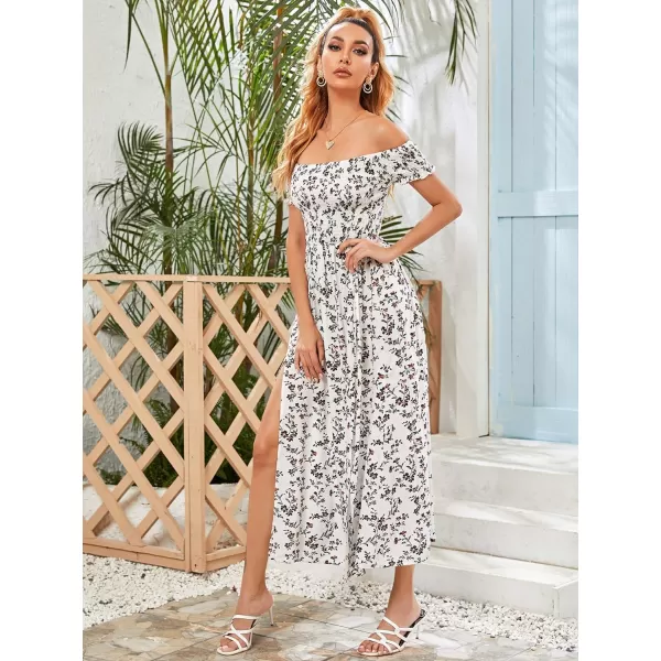 Floerns Womens Boho Floral Print Off Shoulder Split Long A Line DressWhite
