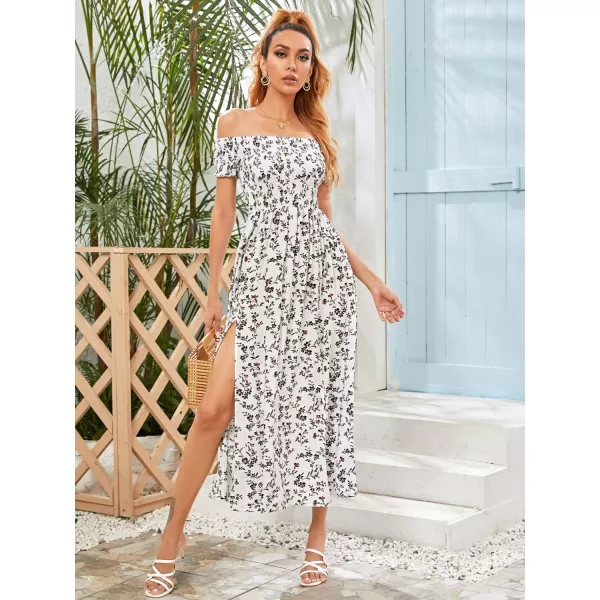 Floerns Womens Boho Floral Print Off Shoulder Split Long A Line DressWhite