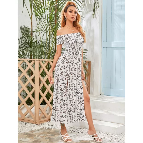 Floerns Womens Boho Floral Print Off Shoulder Split Long A Line DressWhite