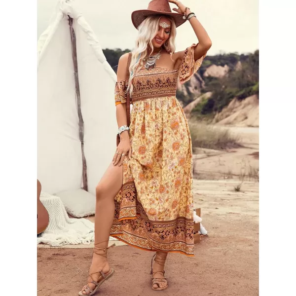 Floerns Womens Boho Floral Print Off Shoulder Split Long A Line DressYellow Floral Multi