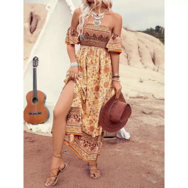 Floerns Womens Boho Floral Print Off Shoulder Split Long A Line DressYellow Floral Multi