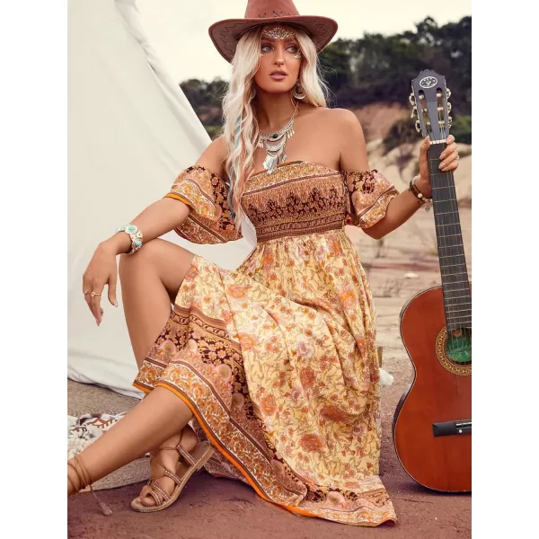 Floerns Womens Boho Floral Print Off Shoulder Split Long A Line DressYellow Floral Multi