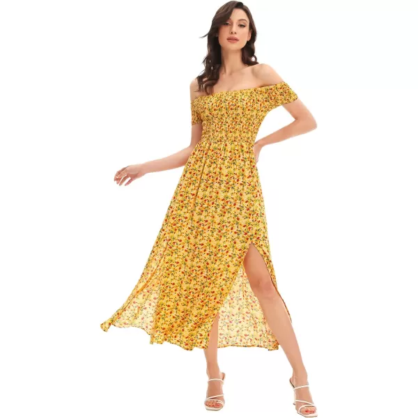 Floerns Womens Boho Floral Print Off Shoulder Split Long A Line DressYellow Red Floral