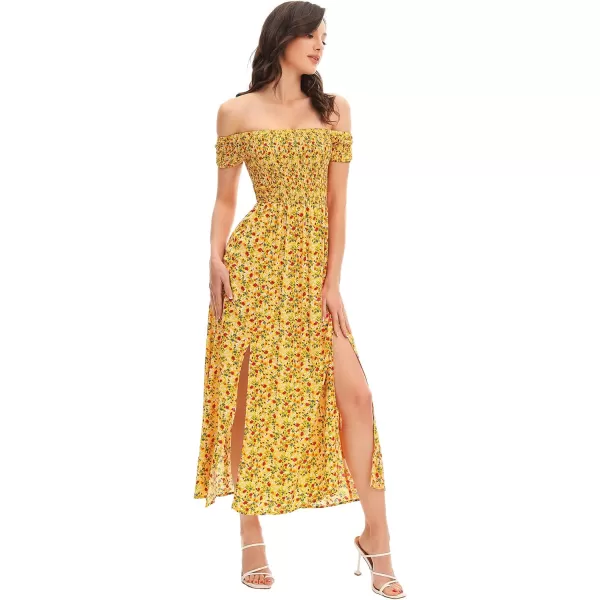 Floerns Womens Boho Floral Print Off Shoulder Split Long A Line DressYellow Red Floral