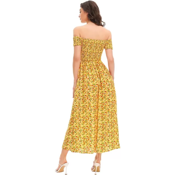 Floerns Womens Boho Floral Print Off Shoulder Split Long A Line DressYellow Red Floral