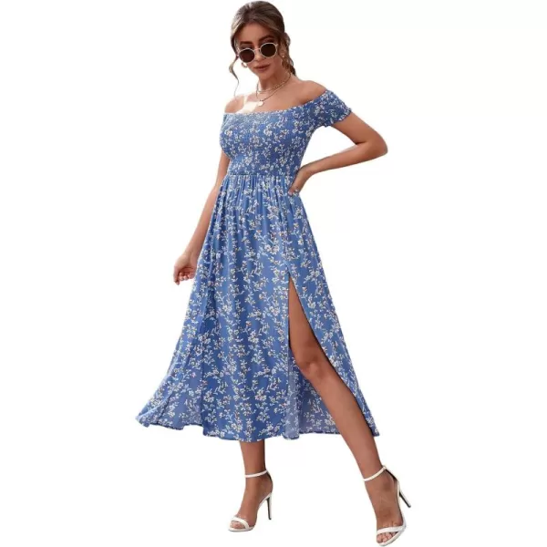 Floerns Womens Boho Floral Print Off Shoulder Split Long A Line DressLight Blue