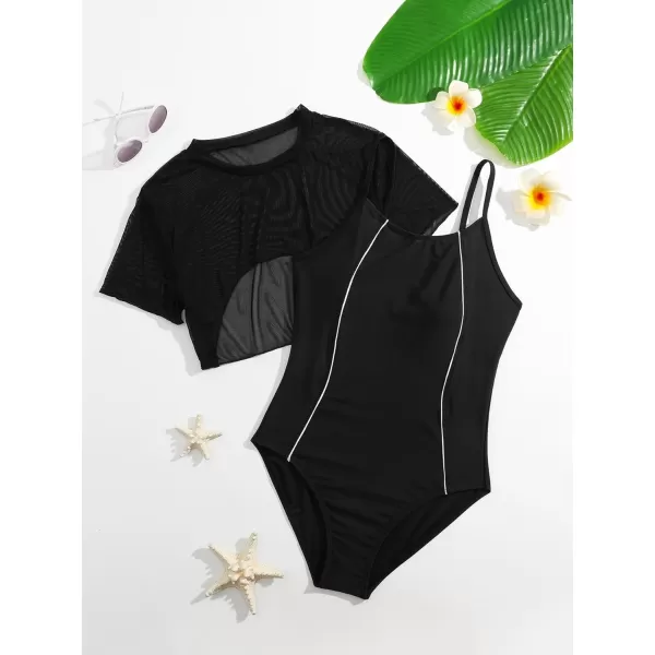 Floerns Girls Spaghetti Strap One Piece Swimsuit with Short Sleeve Mesh Cover UpBlack