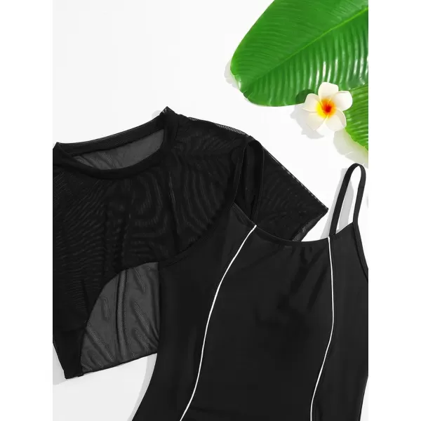 Floerns Girls Spaghetti Strap One Piece Swimsuit with Short Sleeve Mesh Cover UpBlack